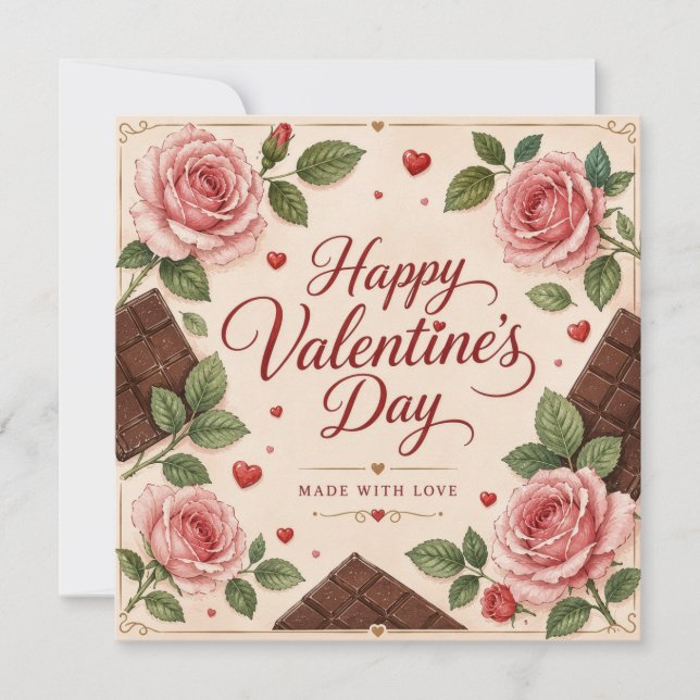 Tarjeta Día de San Valentín Rosas Rosadas Barras de Chocol (Anverso)