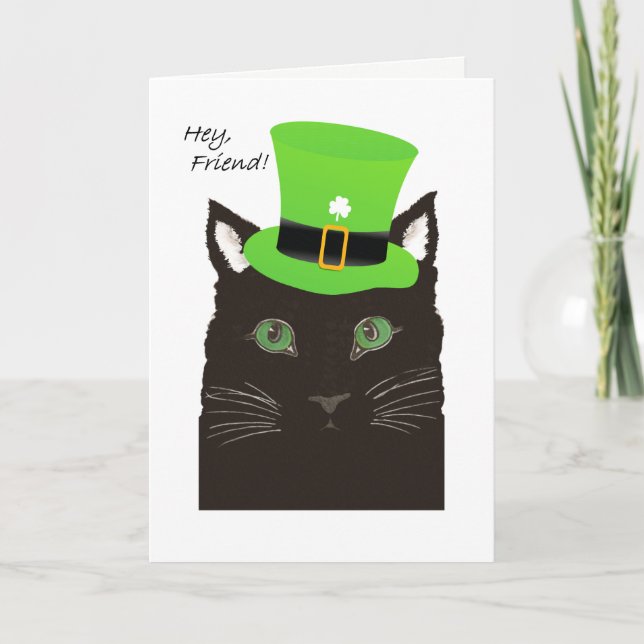 Tarjeta Día de St Paddy, para amigo, el gato lleva sombrer (Anverso)