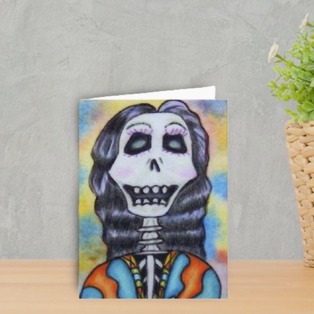 Tarjeta Día del Notecard muerto (Day of Dead happy Lady Skeleton in orange and blue on colourful Halloween notecard.)