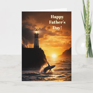 Tarjeta Día del Padre con faro ballena puesta de sol océan