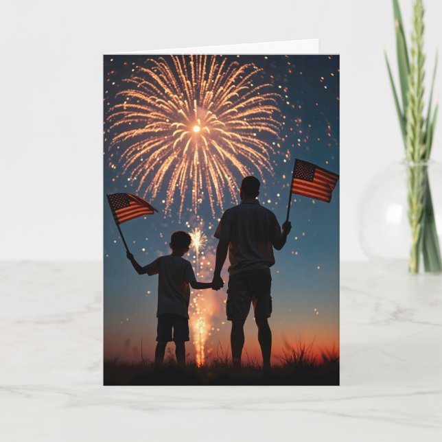 Tarjeta Día del padre con fuegos artificiales y banderas e (Anverso)