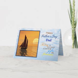 Tarjeta Día del padre con yate navegando al atardecer.