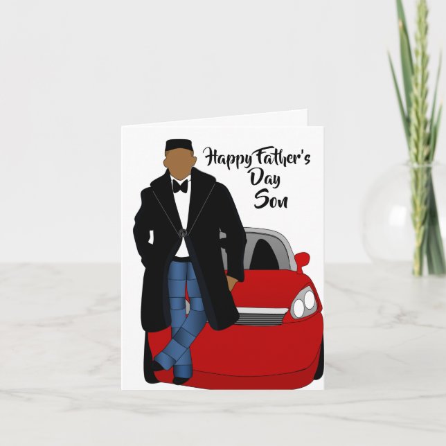 Tarjeta Día del padre de un hijo afroamericano de raza neg (Anverso)