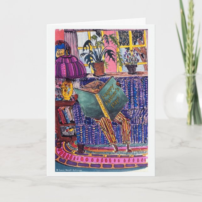 Tarjeta Día del padre, gato leyendo un libro (Anverso)