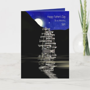 Tarjeta Día del padre, hijo, barco con velas, noche