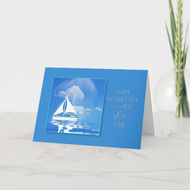 TARJETA DÍA DEL PADRE - HIJO - BOTE DE SALIDA - MAR AZUL (Anverso)