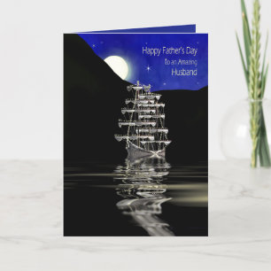 Tarjeta Día del padre, marido, barco con velas, noche