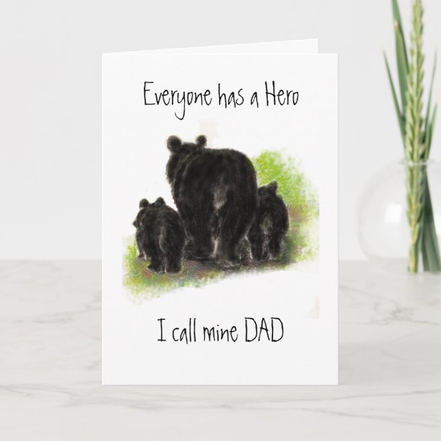 Tarjeta Día del Padre, papá, mi héroe, familia del oso (Anverso)