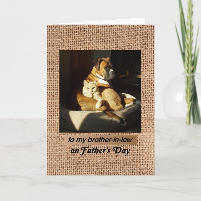 Tarjeta Día del Padre para el cuñado Boxer y Gato Tabby (Anverso)