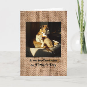 Tarjeta Día del Padre para el cuñado Boxer y Gato Tabby