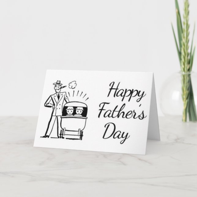 Tarjeta Día del padre retro papá y dos bebés (Anverso)