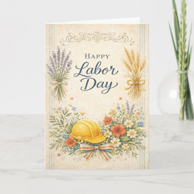 Tarjeta Día del Trabajo Azul Vintage Feliz (Anverso)