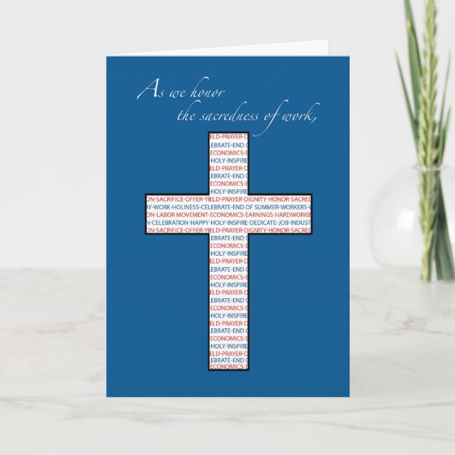 Tarjeta Día del Trabajo, Cruz Cristiana, Rojo, Blanco, Azu (Anverso)