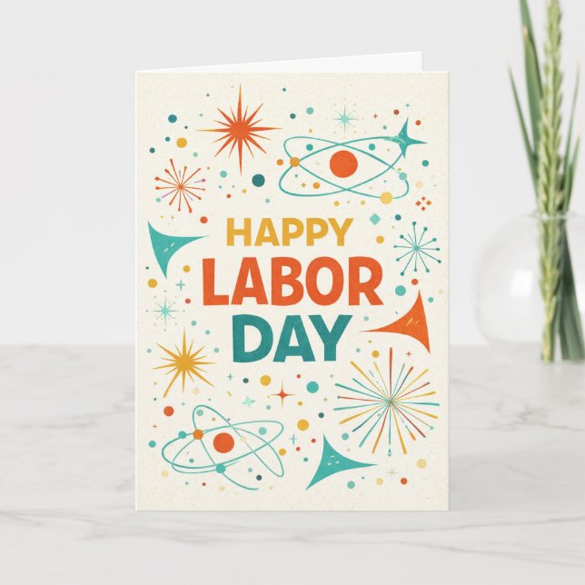 Tarjeta Día del Trabajo Retro Atómico Feliz (Anverso)