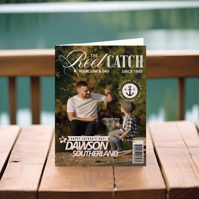Tarjeta Día divertido del padre Papá pesca Foto Portada de (Fun Father's Day Dad Fishing Photo Magazine Cover Card)