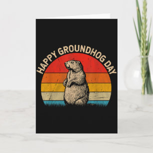 Tarjeta Día Feliz de la Marmota Retro Atardecer Divertido 
