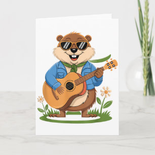 Tarjeta Día Feliz de la Marmota Tocando Guitarra Animal Di
