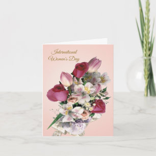 Tarjeta Día Internacional de la Mujer, rosas y tulipanes