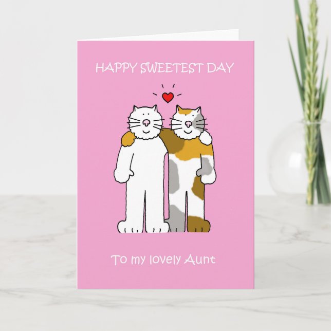 Tarjeta Día más dulce feliz, tía, gatos del dibujo animado (Anverso)