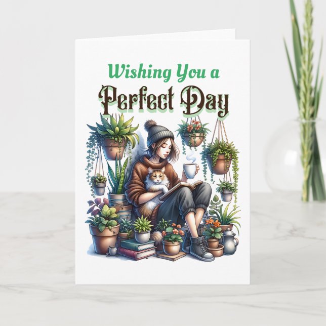 Tarjeta Día perfecto | Lectura Chica con gatos y plantas (Anverso)