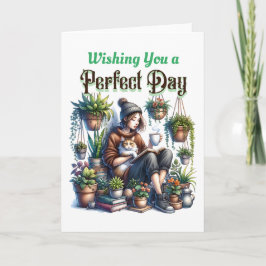 Tarjeta Día perfecto | Lectura Chica con gatos y plantas