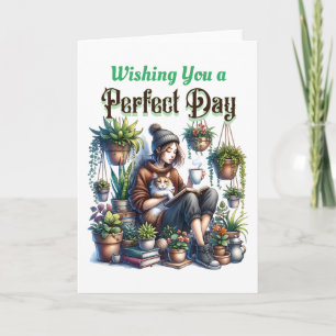 Tarjeta Día perfecto   Lectura Chica con gatos y plantas
