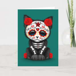 Tarjeta Día rojo lindo del gato gatito muerto, azul verde 