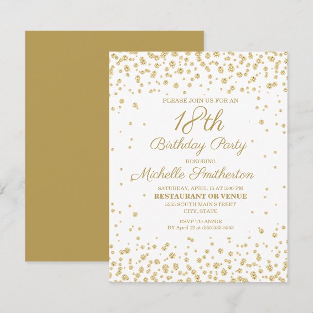 Tarjeta Diamante de Oro Blanco Glitter Cumpleaños 18 para  (Anverso / Reverso)