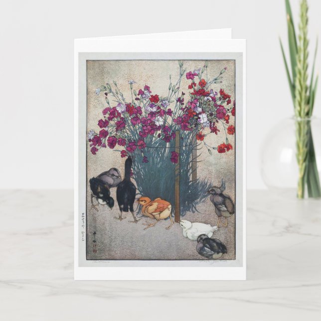 Tarjeta Dianthus & Chicks , Hiroshi Yoshida, Woodcut (Anverso)