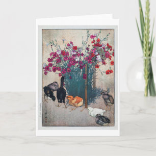 Tarjeta Dianthus & Chicks , Hiroshi Yoshida, Woodcut