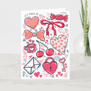 Tarjeta Dibujo a mano Doodle Feliz San Valentín Corazones 