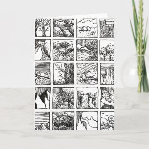Tarjeta Dibujo a pluma y tinta Paisaje Cuadrados Diseño