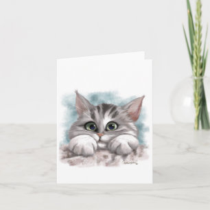 Tarjeta Dibujo animado de adorable gatito gris atigrado