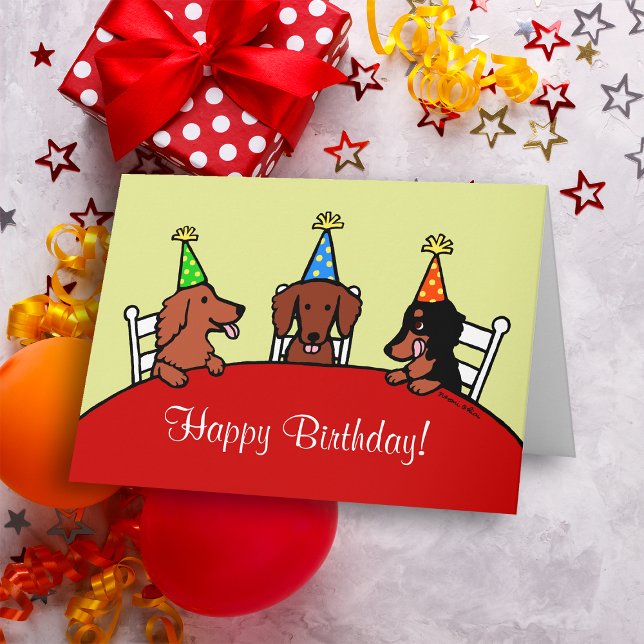 Tarjeta Dibujo animado del cumpleaños del Dachshund (Dachshund Cartoon Birthday Card for Dachshund Owners!  Cute three Doxie with Birthday Hats design.)