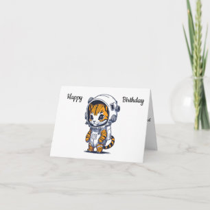 Tarjeta Dibujo Animado Divertido Gato Espacial Feliz Cumpl