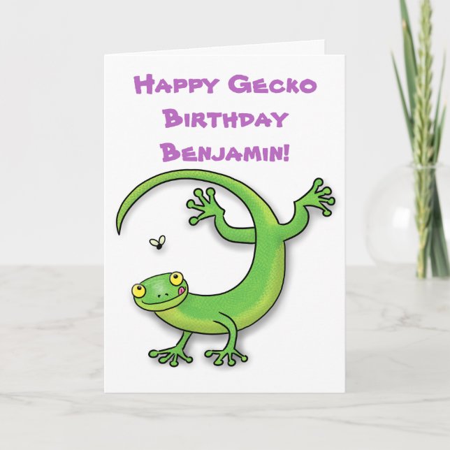 Tarjeta Dibujo animado verde feliz lindo del gecko (Anverso)