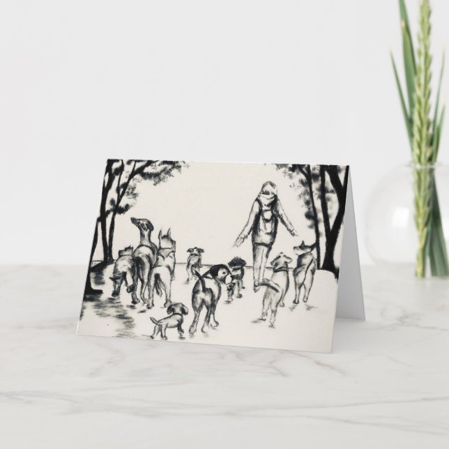 Tarjeta Dibujo de carbón vegetal para andar de perro (Anverso)