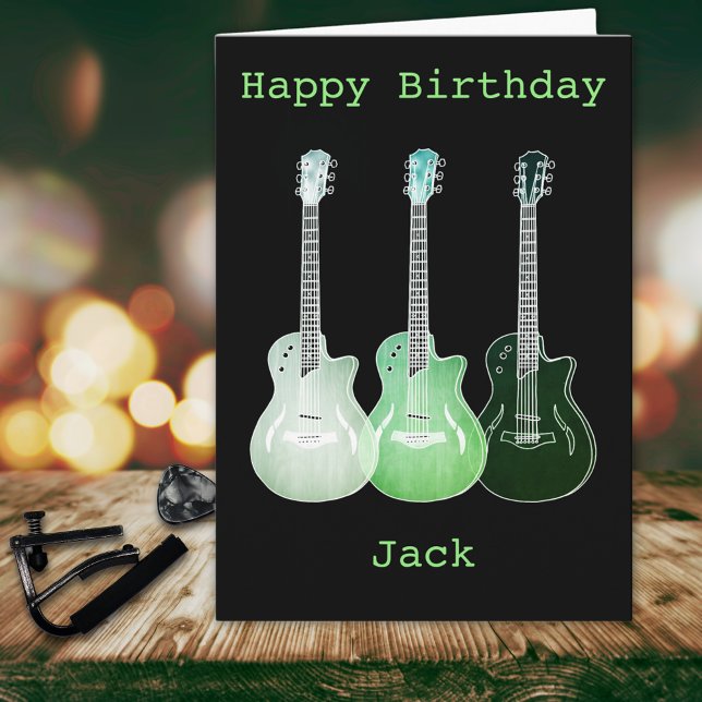 Tarjeta Dibujo de guitarra musical de arte psicodélico Aña (Funky guitar green pop art personalized name happy birthday greeting card for guitarist musicians)