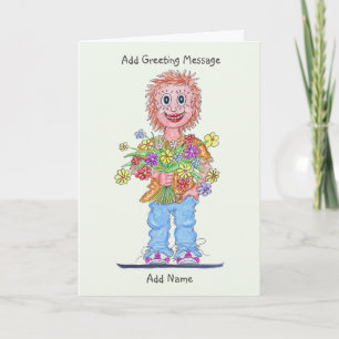Tarjeta Dibujo de mujer sosteniendo un ramo de flores