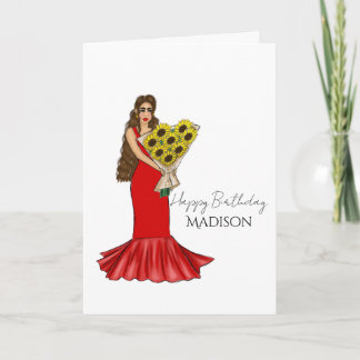 Tarjeta Dibujo de niña con ramo de girasoles de cumpleaños