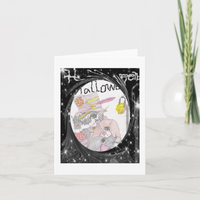 Tarjeta Dibujo de parejas de Halloween con tramas agitadas (Anverso)