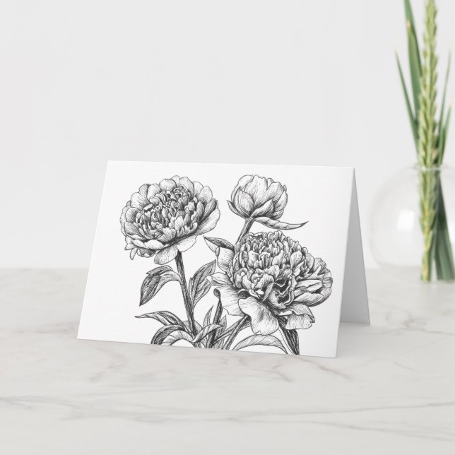 Tarjeta Dibujo de peonía a tinta (Anverso)