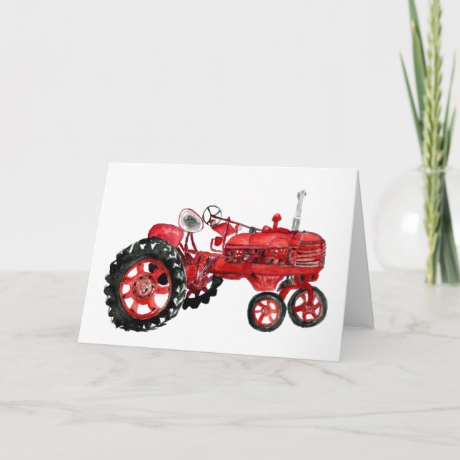 Tarjeta Dibujo de un tractor rojo viejo (Anverso)