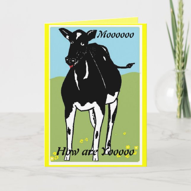 Tarjeta Dibujo de vacas, diciendo Mooo, cómo estás. (Anverso)