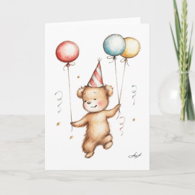 Tarjeta Dibujo del oso de peluche en gorra del cumpleaños (Anverso)