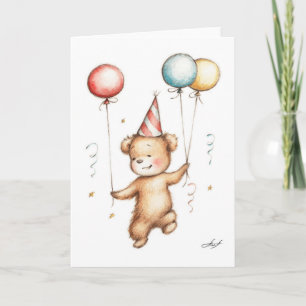 Tarjeta Dibujo del oso de peluche en gorra del cumpleaños