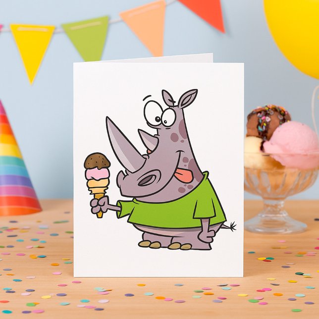 Tarjeta Dibujo divertido de rinoceronte comiendo helado An (Subido por el creador)