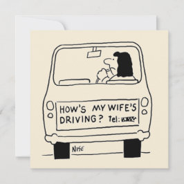 Tarjeta Dibujo divertido de una esposa conduciendo un coch