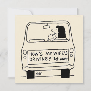 Tarjeta Dibujo divertido de una esposa conduciendo un coch