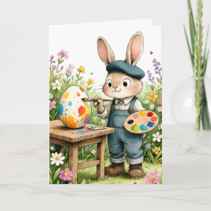 Tarjeta Dibujo divertido del conejo de Pascua pintando un